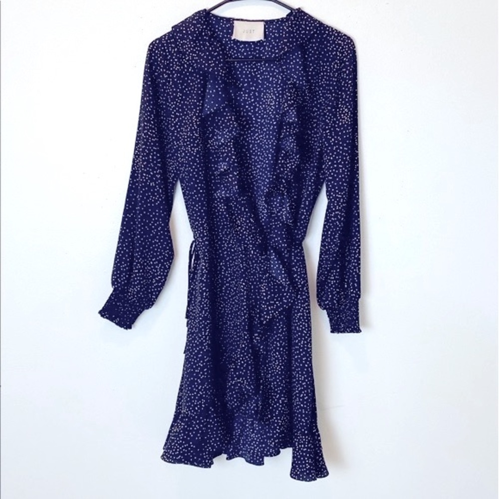 JUST -female Midnight Blue & Gold dot, Sassy, ruffle, L/S Hana Wrap Dress Sz (S)